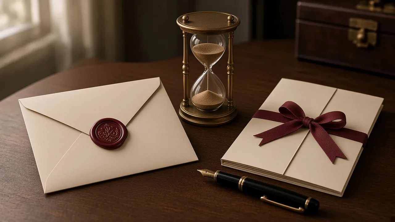 A cream envelope sealed with claret wax beside a brass hourglass, cream papers tied with claret ribbon and a fountain pen.