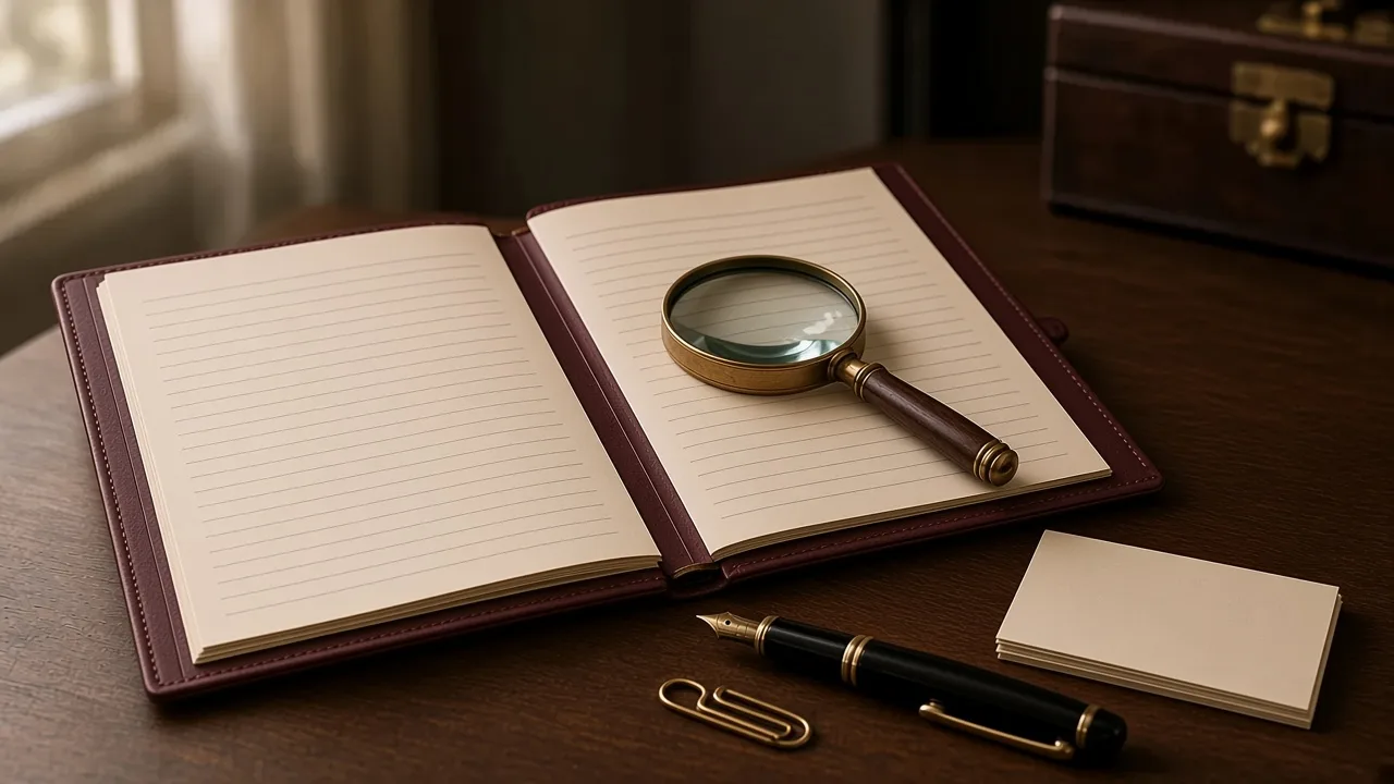 An open claret portfolio with ruled cream pages, a brass magnifying glass, a brass paper clip, a pen and a stack of cream cards.