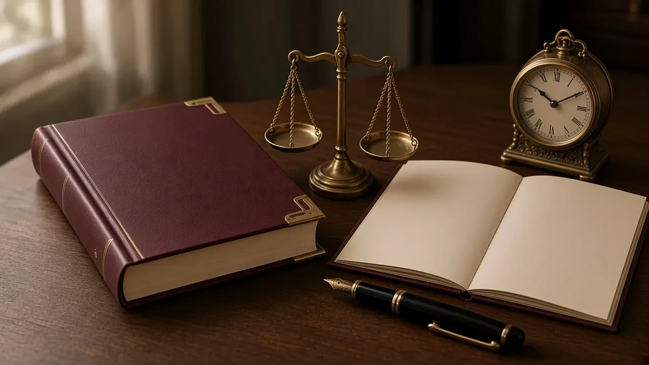 A claret leather ledger with brass corners beside a brass balance scale, an open blank book, a brass mantel clock and a black and gold fountain pen.