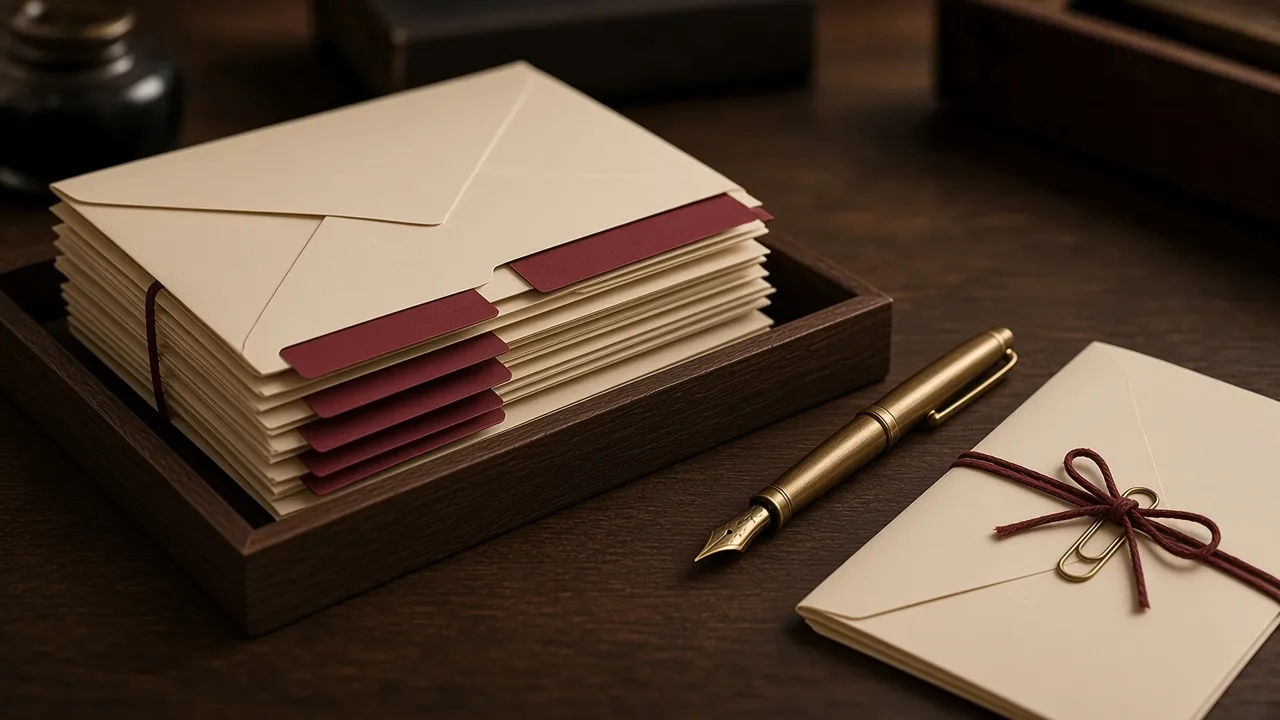 A tray stack of cream envelopes with claret tabs, a brass pen and one ribbon-tied envelope held by a brass clip.
