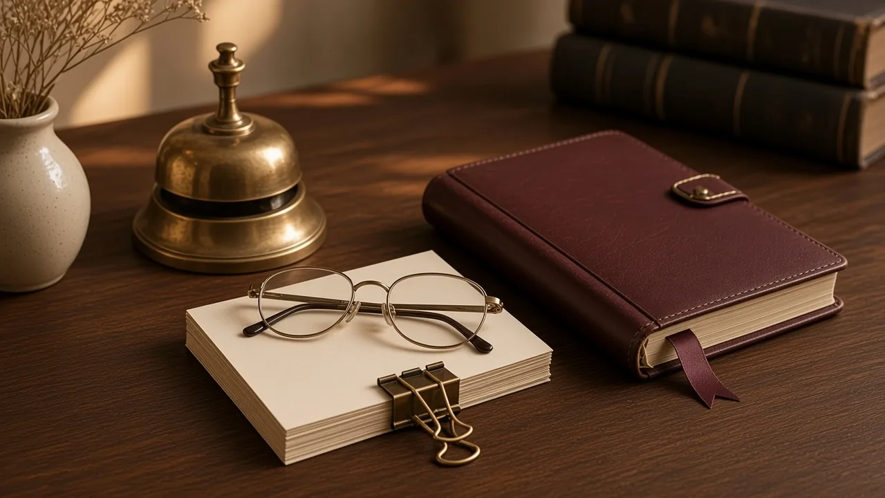 Cream papers held by a brass binder clip with reading glasses, a brass desk bell and a claret leather notebook.