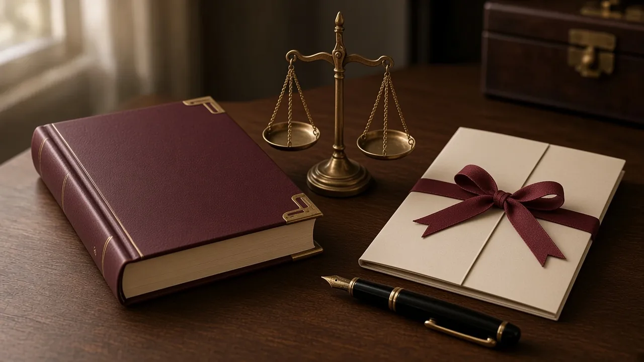 A claret leather ledger with brass corners beside a brass balance scale, a cream folder tied with claret ribbon and a fountain pen.