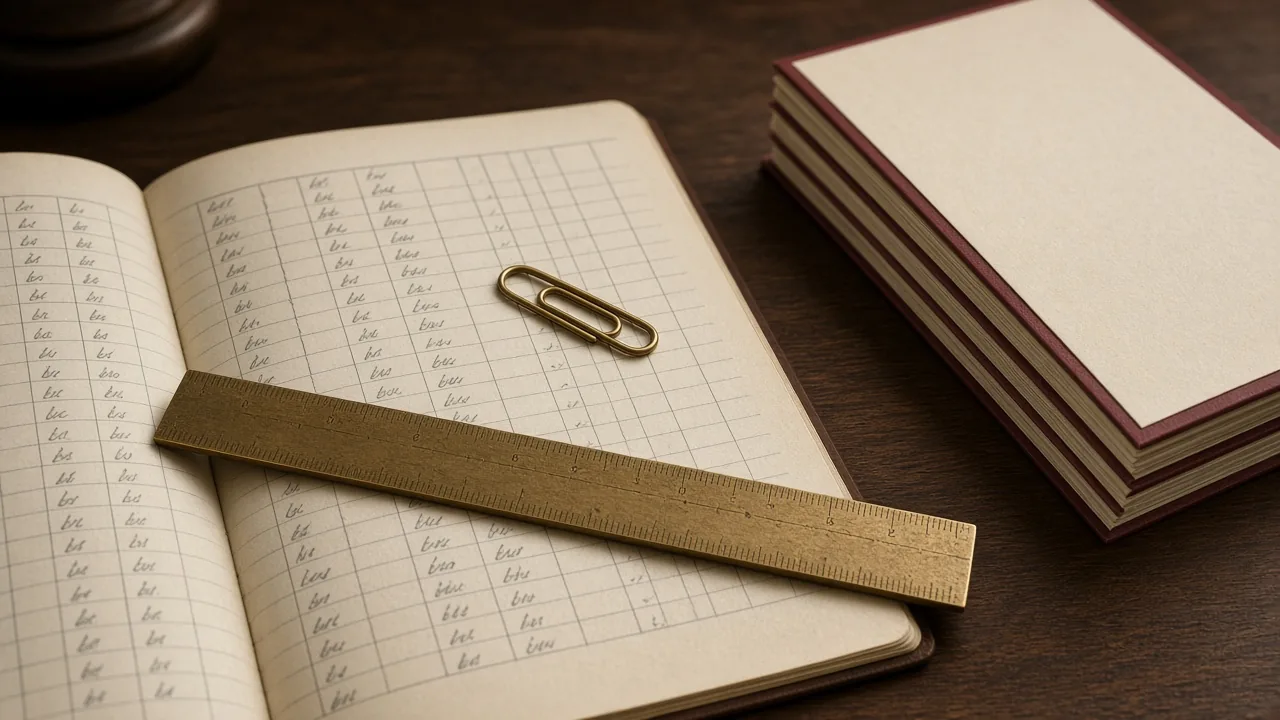 An open ruled ledger with a brass ruler and a brass paperclip beside a stack of claret-edged cards.