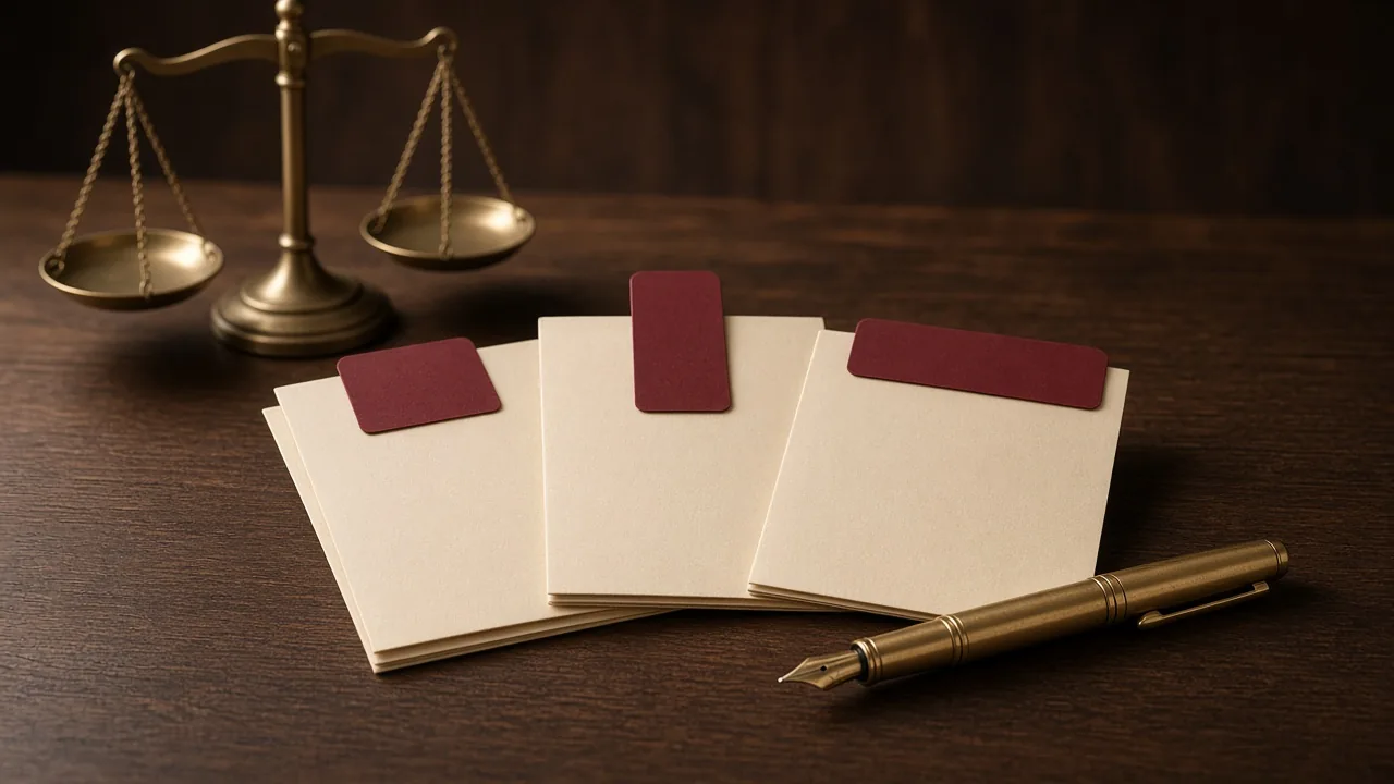 Three cream folders with claret tabs fanned on a dark desk, with a brass balance scale and a fountain pen.
