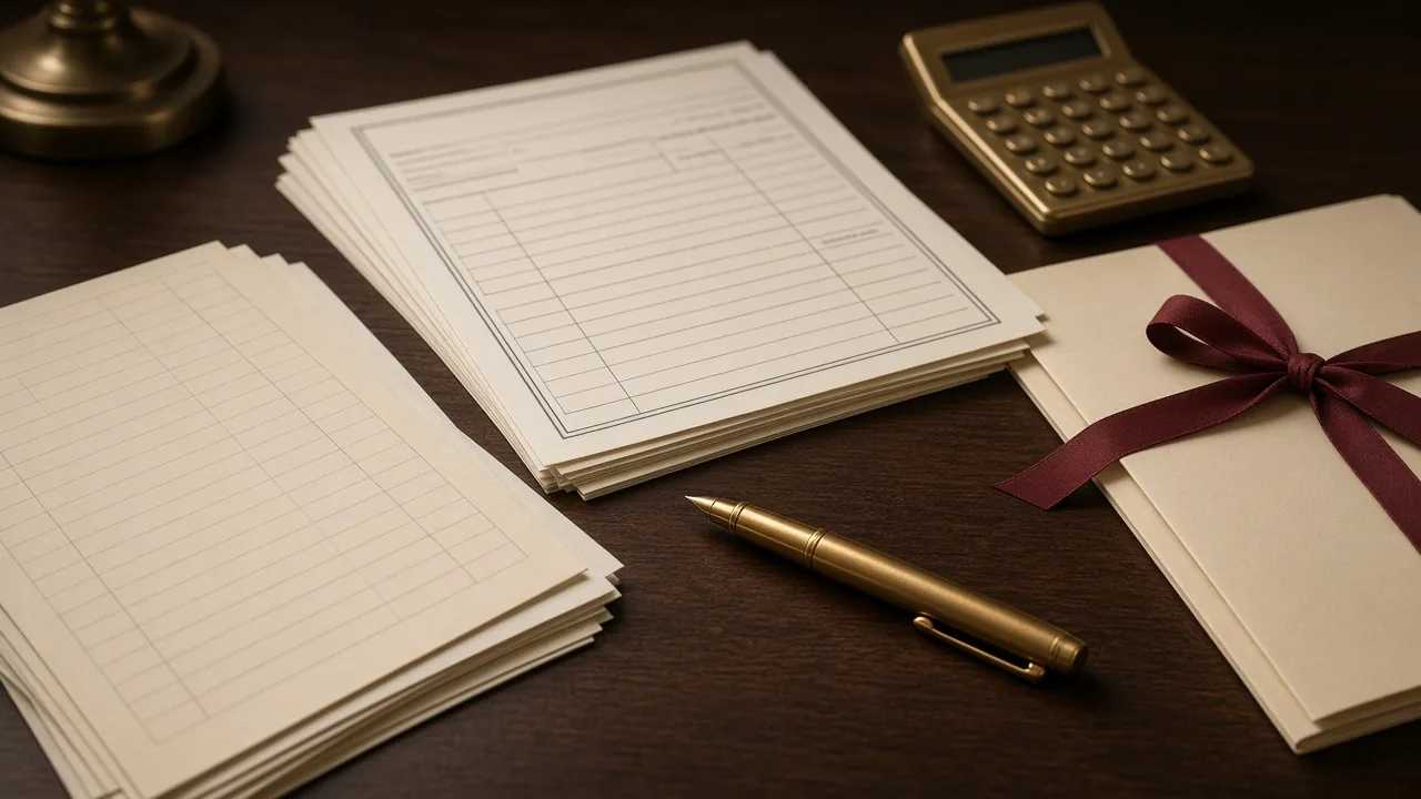 Stacks of blank ruled ledger sheets beside a brass calculator, a brass pen and a cream folder tied with a claret ribbon on a dark wood desk.
