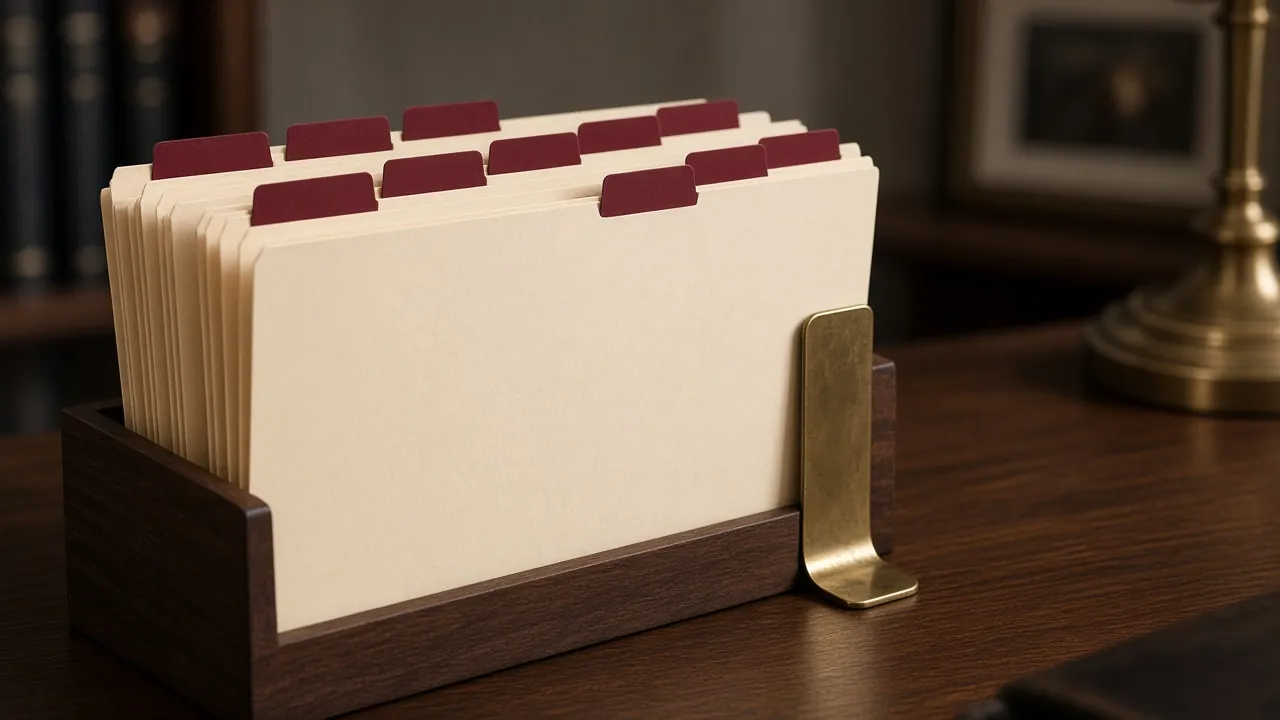 A row of tabbed manila file folders with claret tabs standing in a wooden holder.