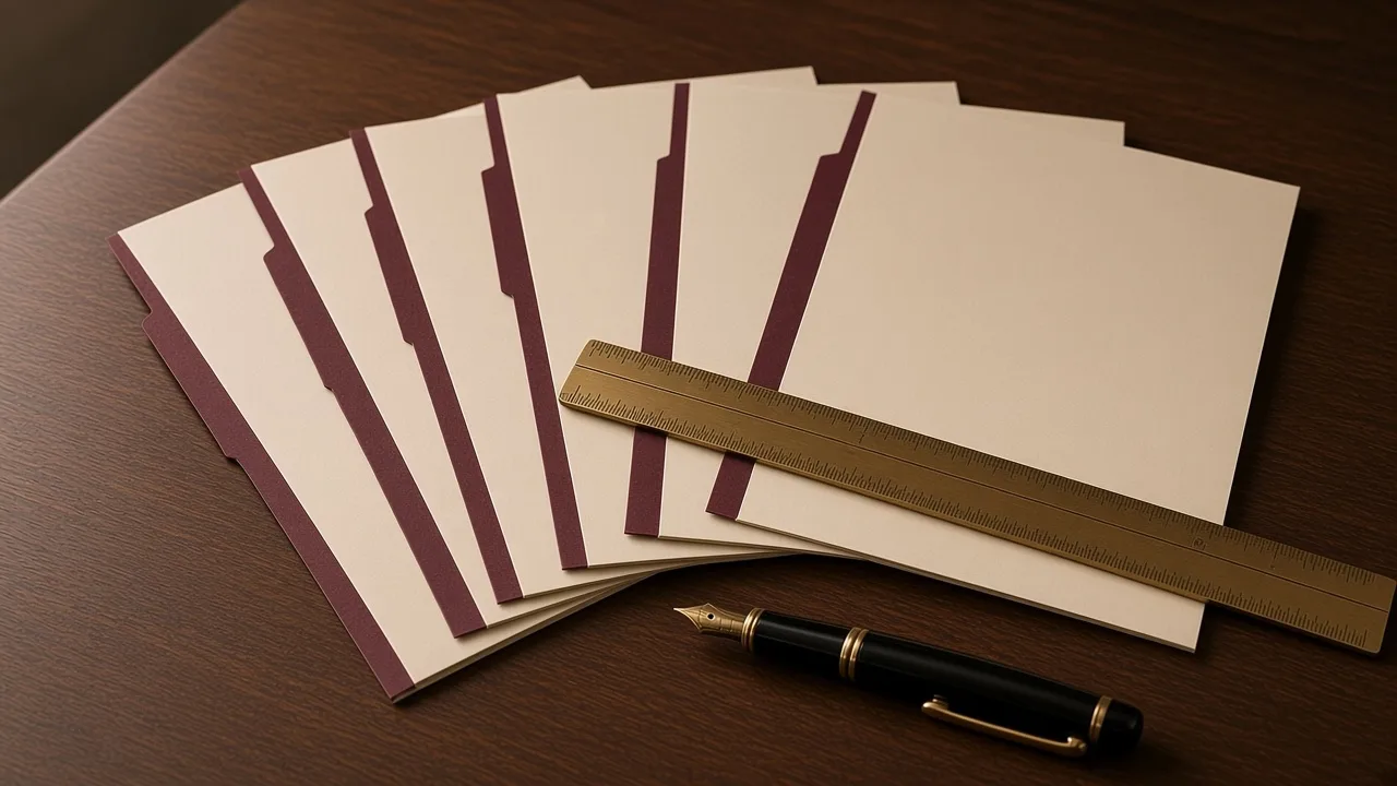 Fanned cream sheets with claret tab edges beside a brass ruler and a fountain pen.