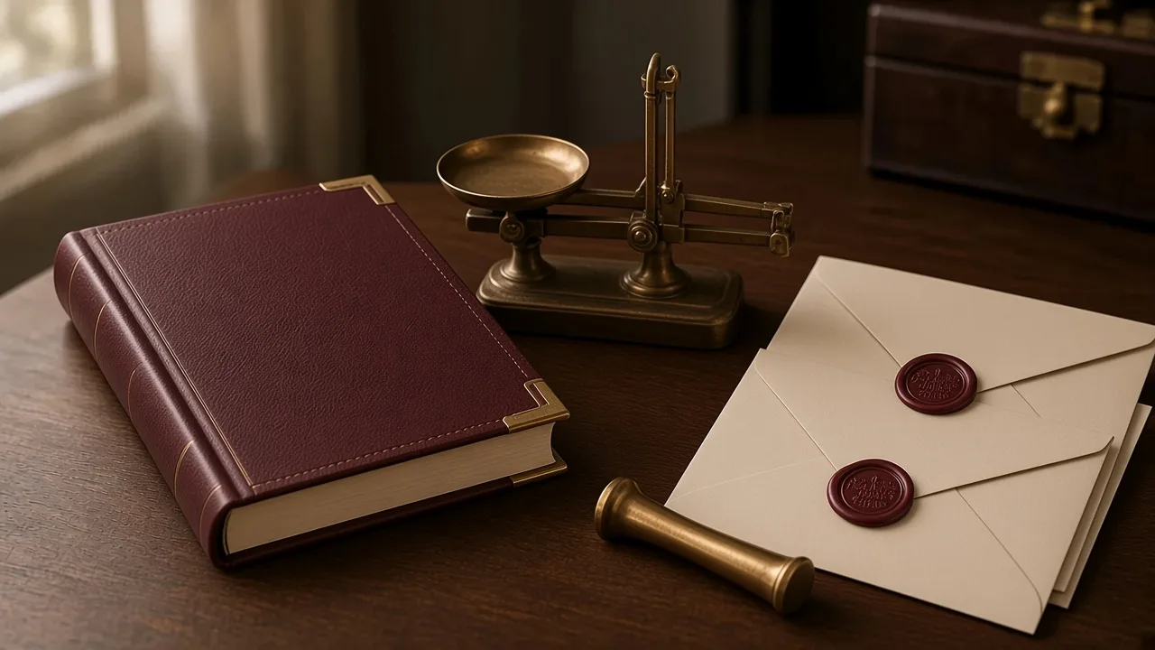 A claret ledger beside a brass postal scale, two cream envelopes sealed with wax and a brass seal handle.