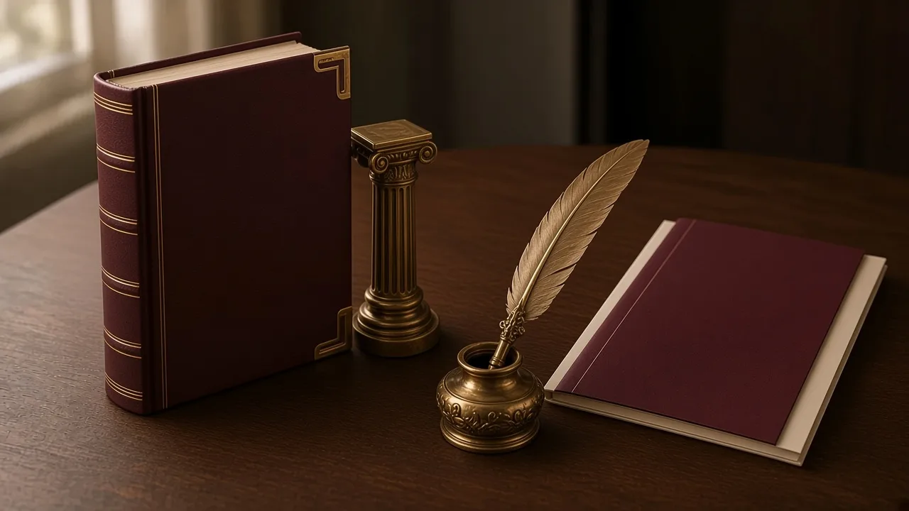 An upright claret volume with gilt bands beside a brass Ionic column bookend, a brass inkwell with a quill and a claret-covered booklet.
