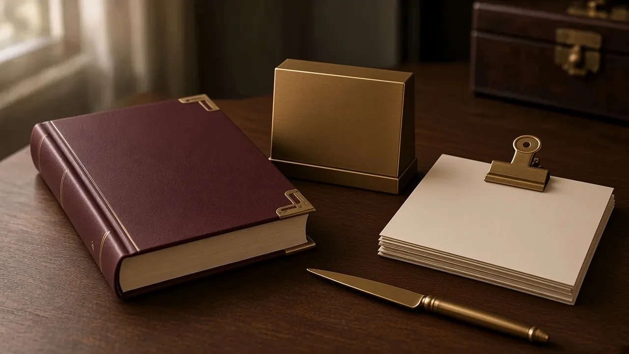 A claret ledger and a plain brass block beside cream papers held by a brass bulldog clip and a brass letter opener.
