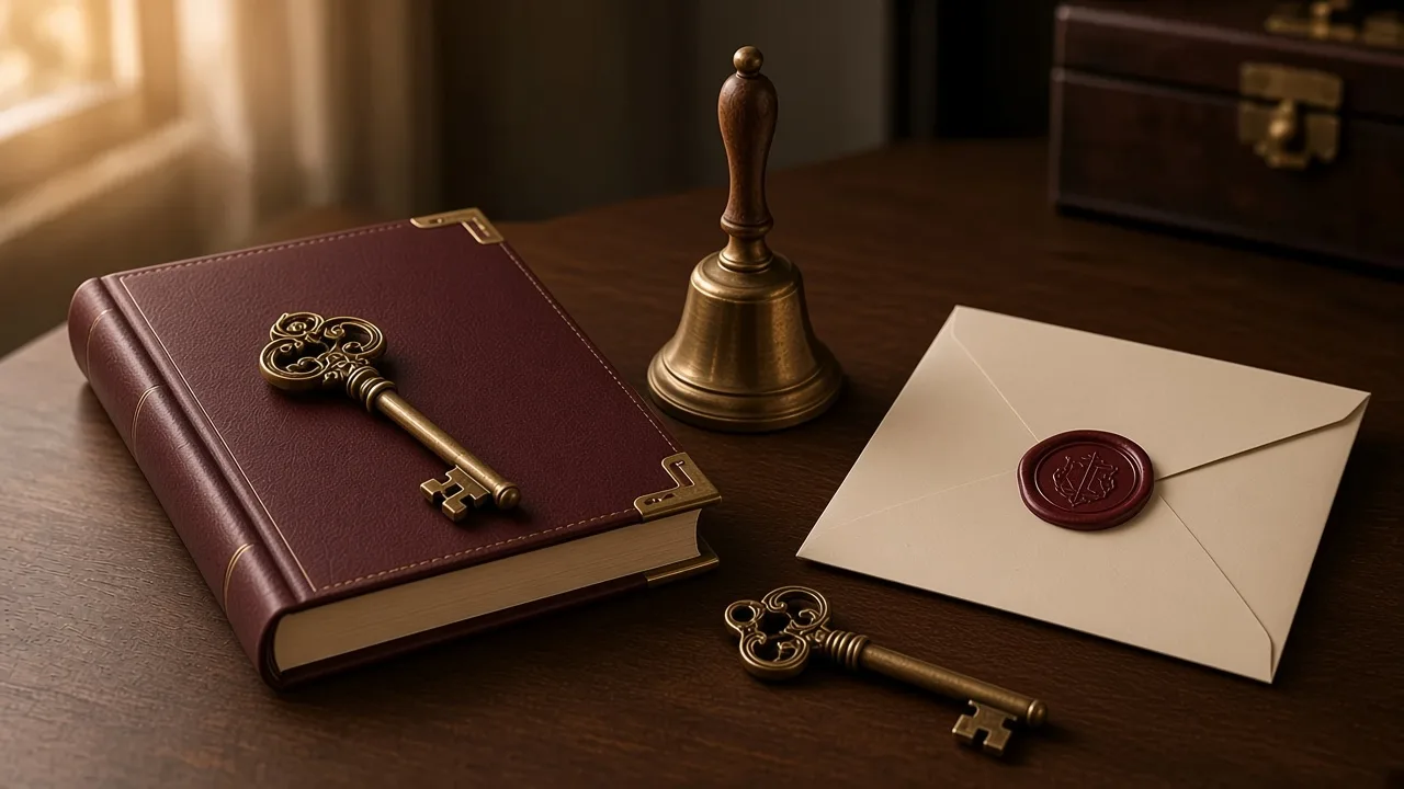Two antique brass keys, one resting on a claret book, beside a brass bell and a cream envelope sealed with claret wax.