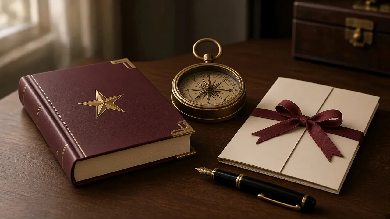 A claret ledger with a brass star on the cover beside a brass compass, a ribbon-tied cream folder and a fountain pen.