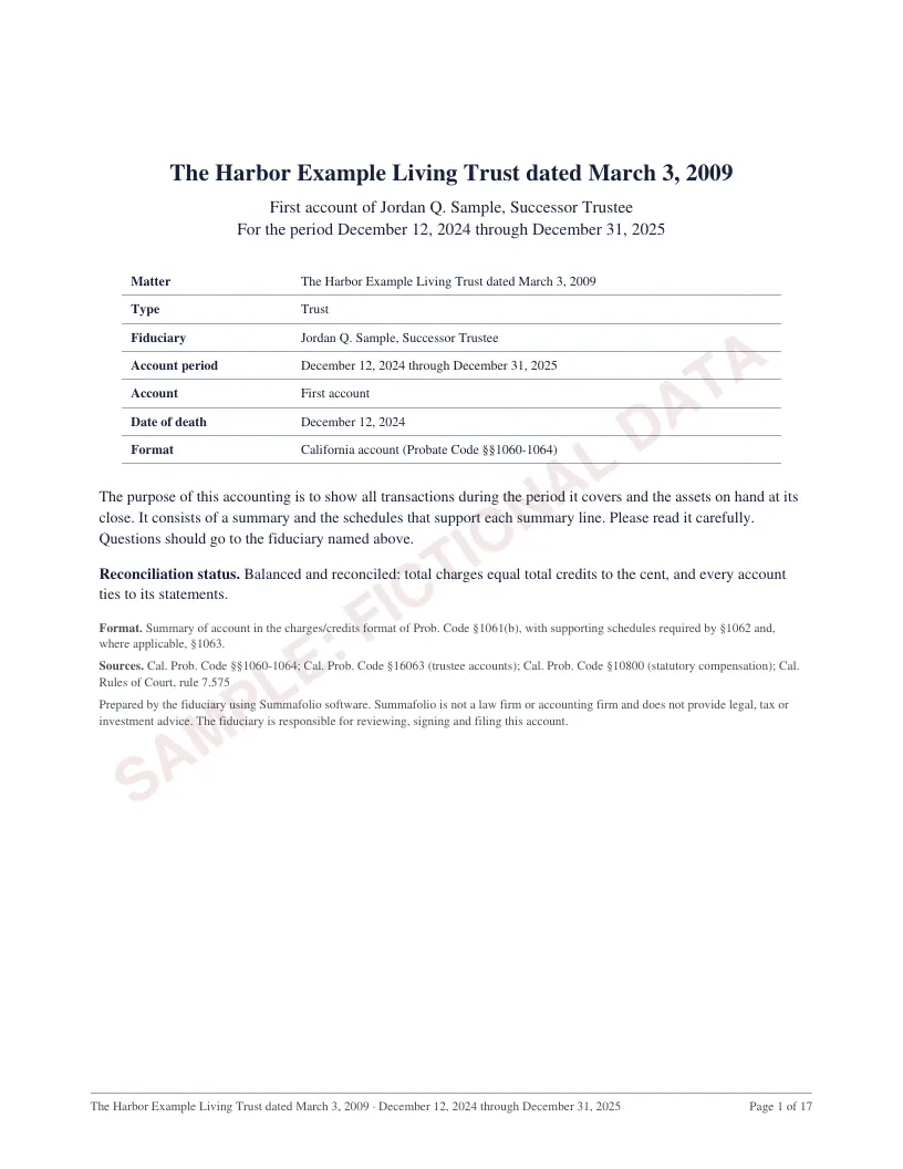 Cover page of the California trust account sample