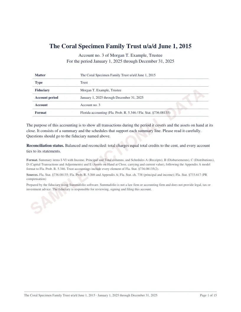 Cover page of the Florida trust accounting sample