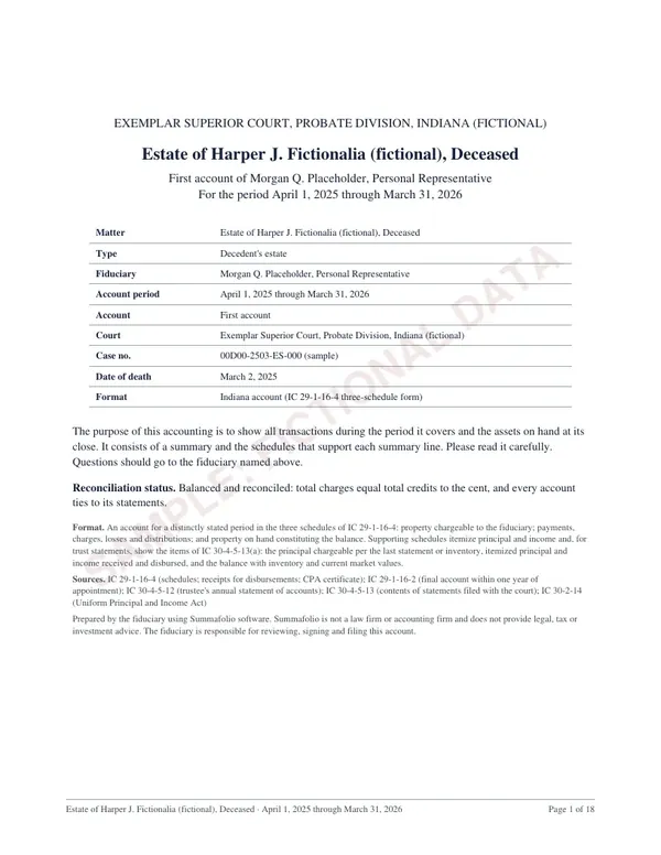 Cover page, page 1 of the Indiana estate account sample
