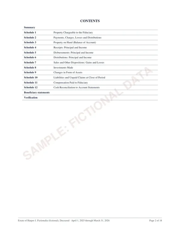 Contents, page 2 of the Indiana estate account sample