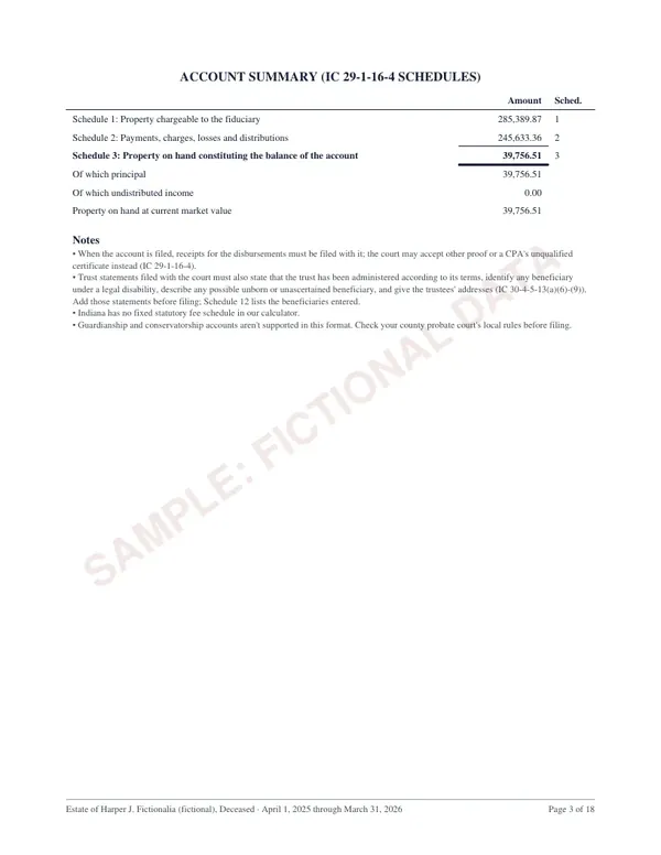 Summary, page 3 of the Indiana estate account sample