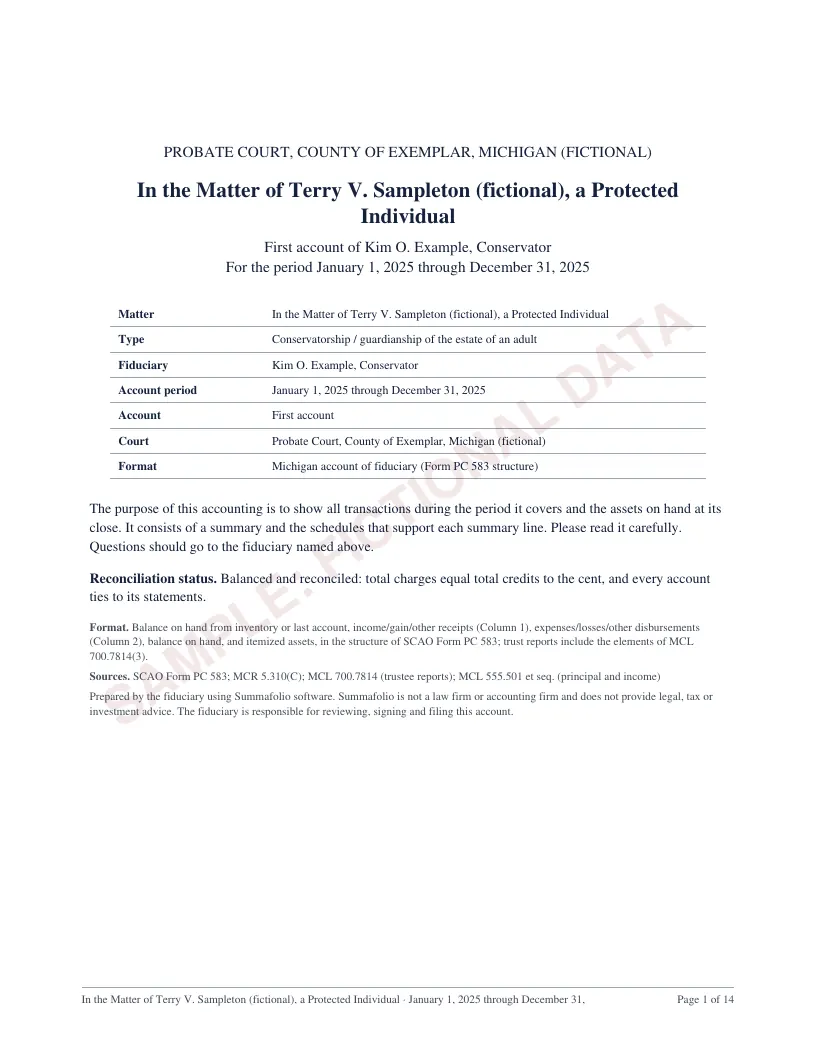 Cover page of the Michigan conservatorship account sample
