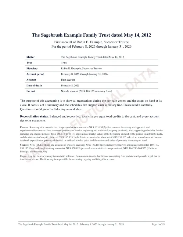 Cover page, page 1 of the Nevada trust account sample