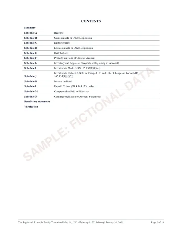Contents, page 2 of the Nevada trust account sample