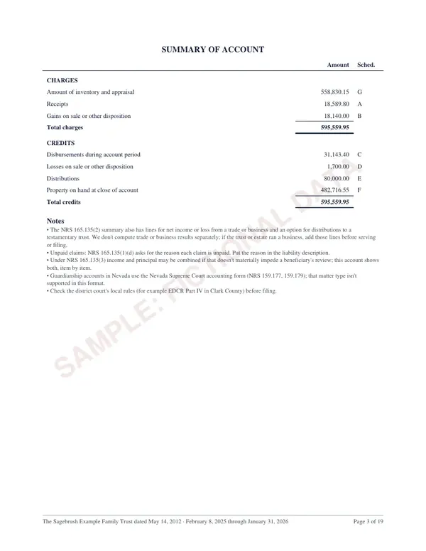 Summary, page 3 of the Nevada trust account sample