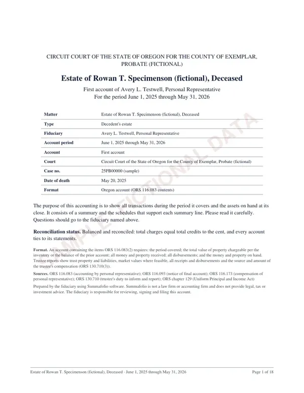 Cover page, page 1 of the Oregon estate account sample