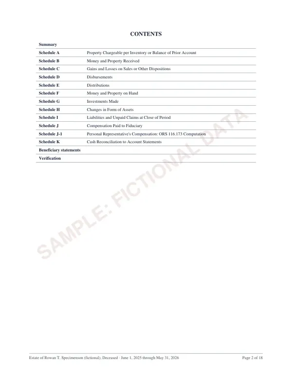 Contents, page 2 of the Oregon estate account sample