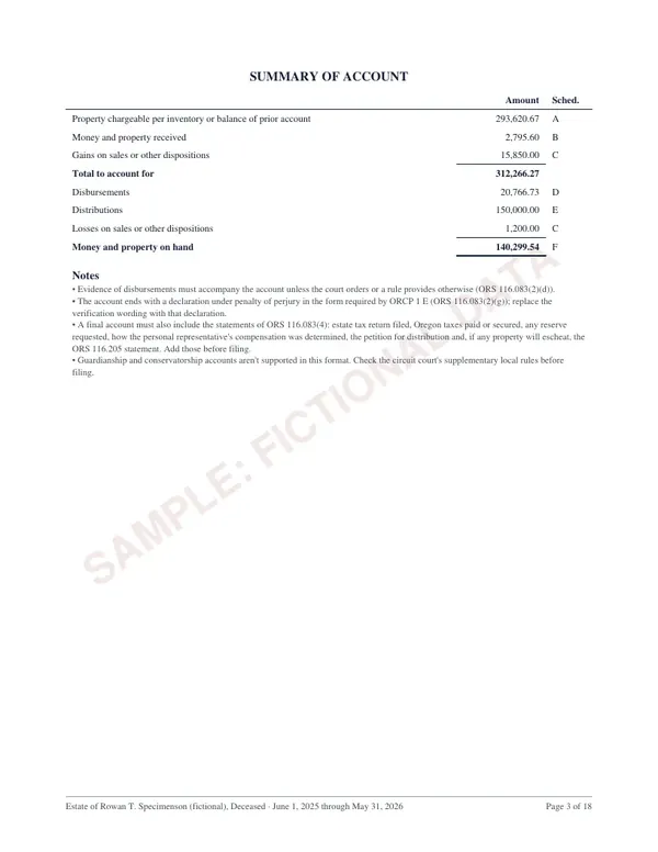 Summary, page 3 of the Oregon estate account sample