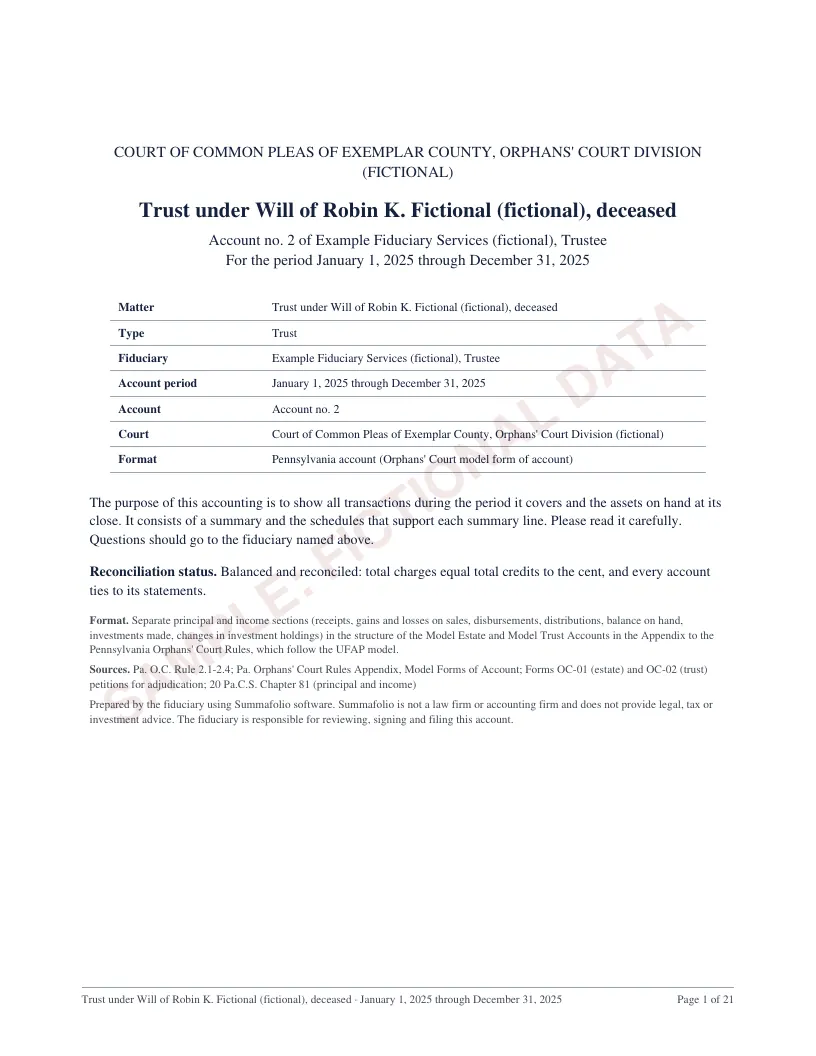 Cover page of the Pennsylvania trust account sample