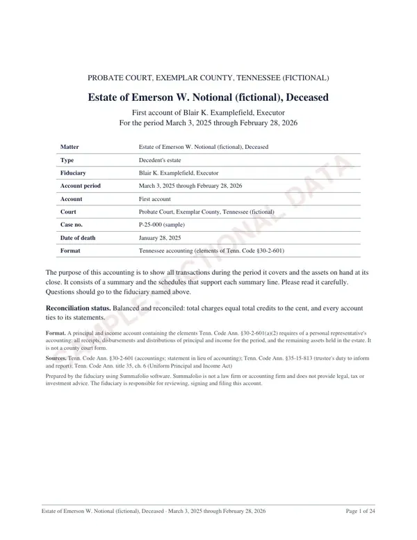 Cover page, page 1 of the Tennessee estate accounting sample