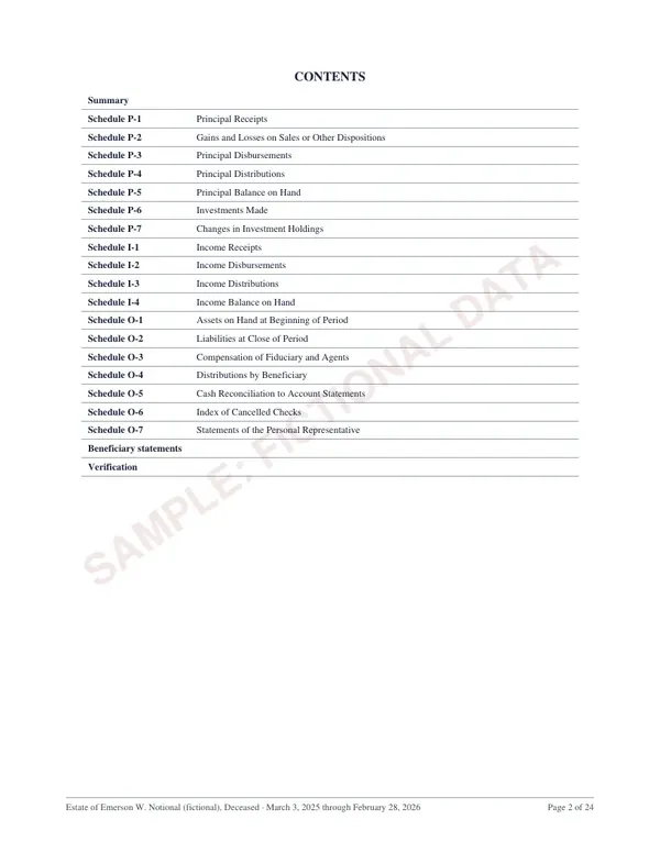 Contents, page 2 of the Tennessee estate accounting sample