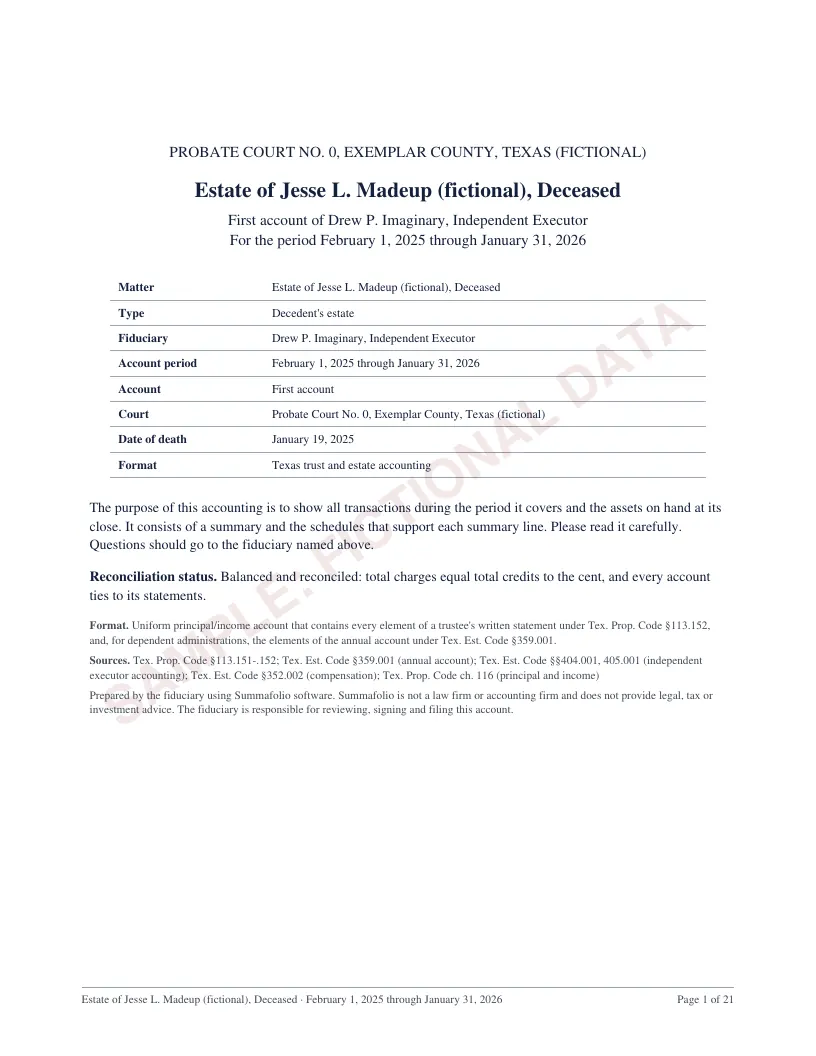 Cover page of the Texas estate accounting sample